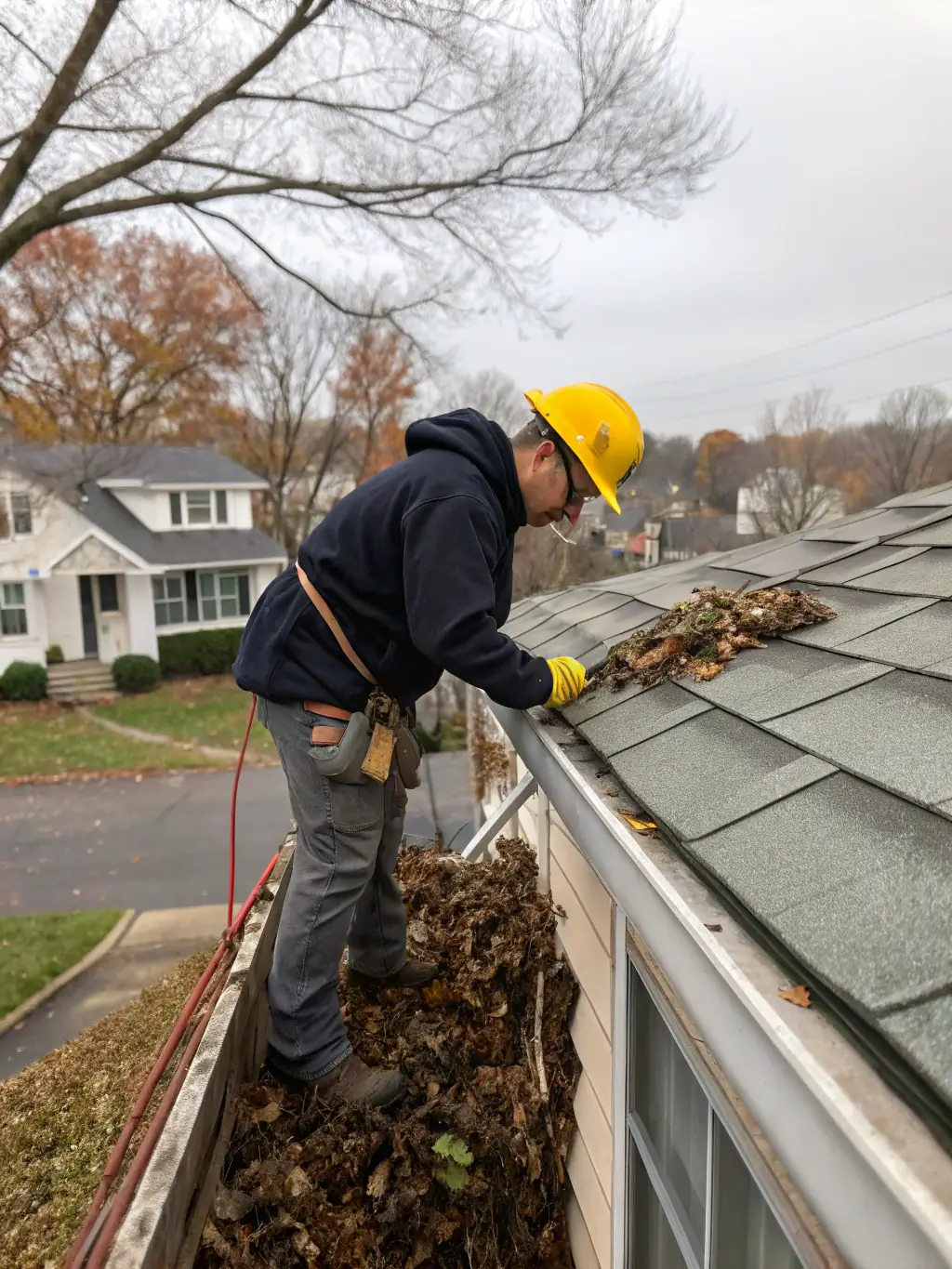 Gutters in Clarksville, Tennessee, being cleared of leaves and debris, ensuring proper water flow.
