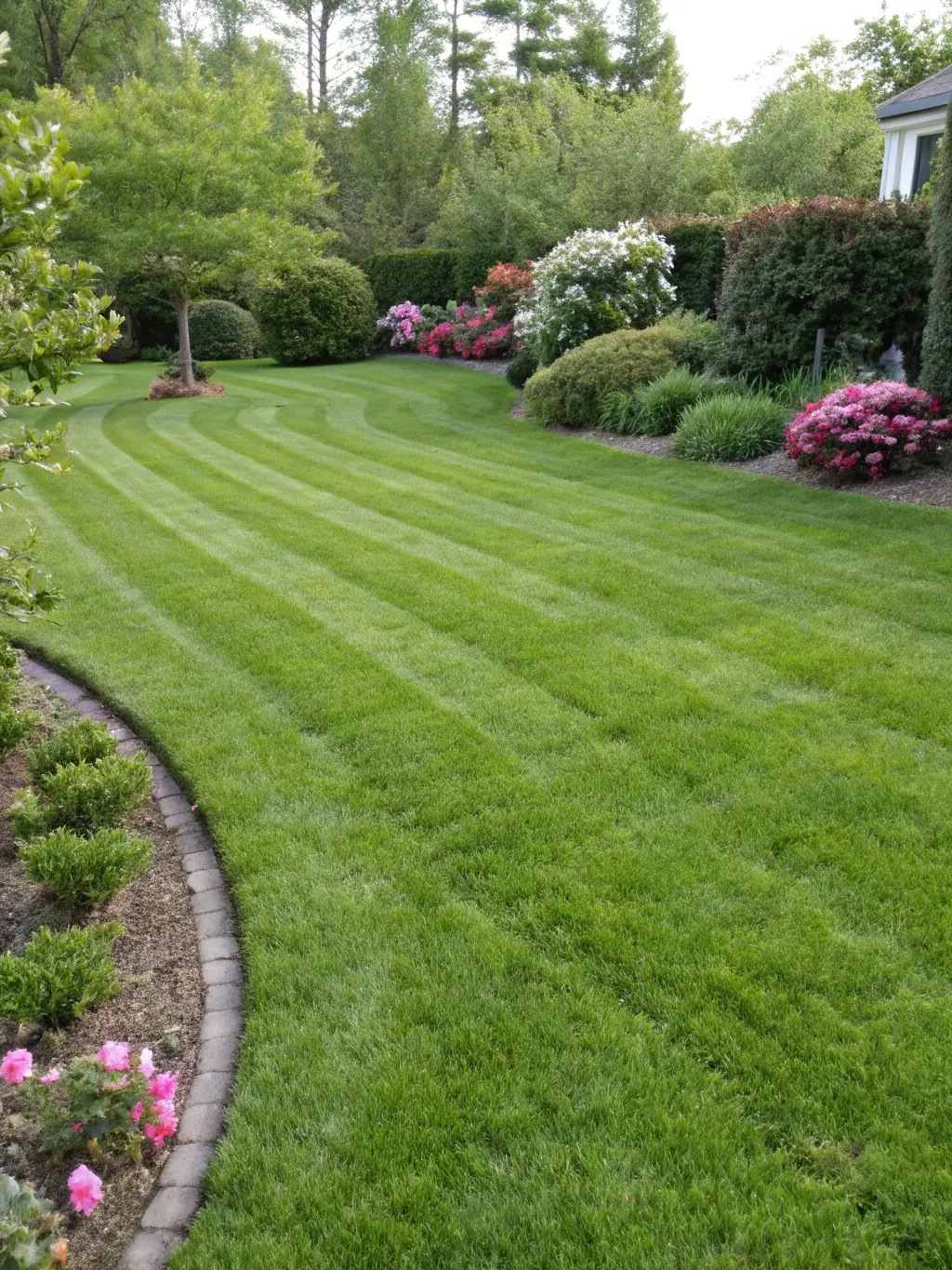 A newly landscaped yard in Clarksville, Tennessee, with fresh plants, mulch, and a well-maintained lawn.