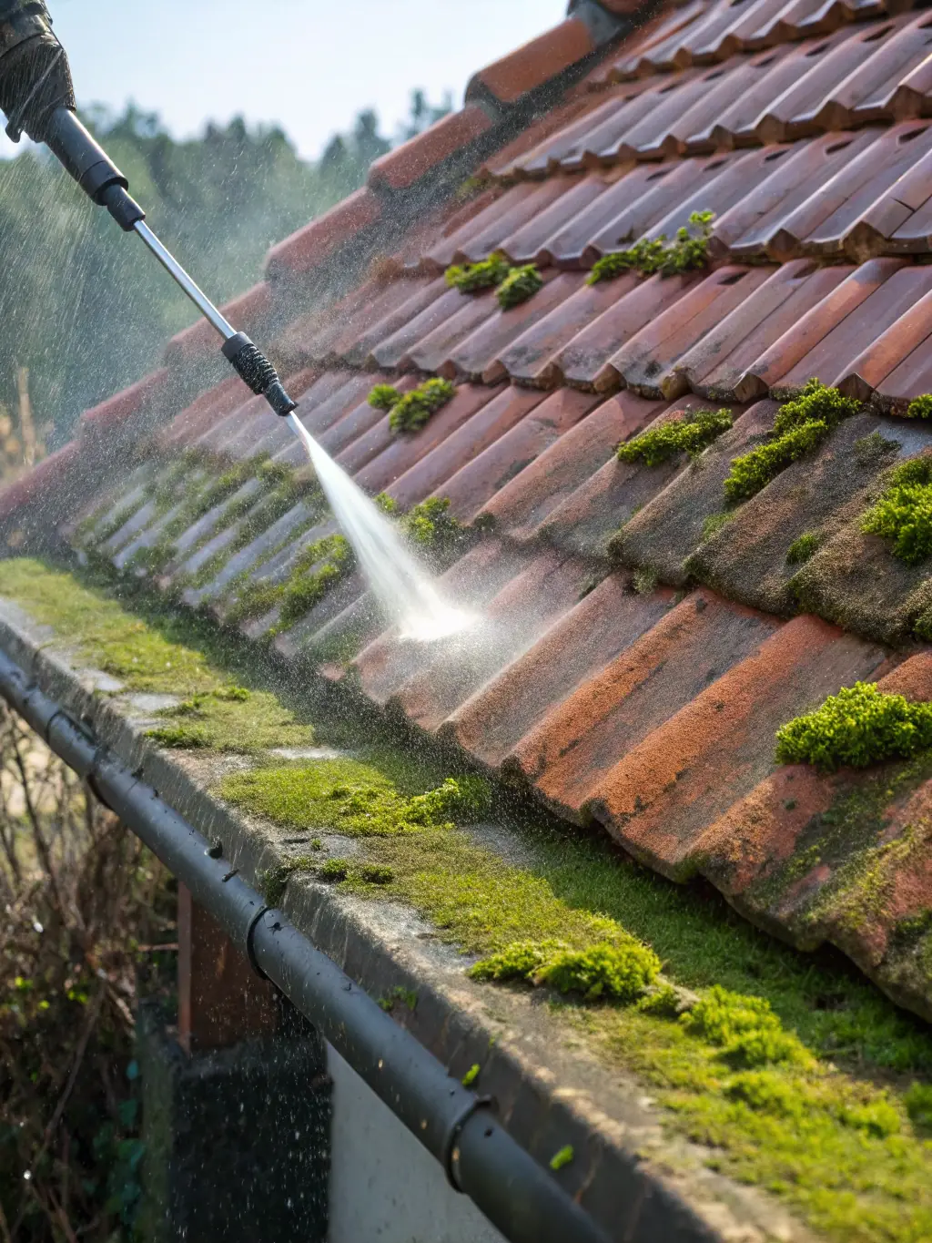 A roof in Clarksville, Tennessee, being cleaned with soft washing techniques, removing moss and algae.