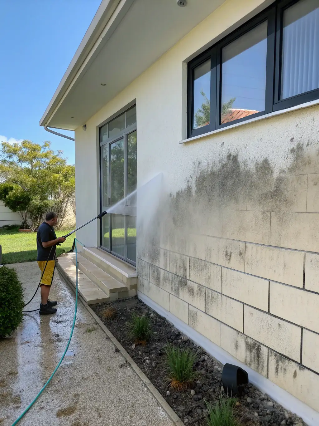 A residential house in Clarksville, Tennessee, being power washed, with visible dirt and grime being removed from the siding.