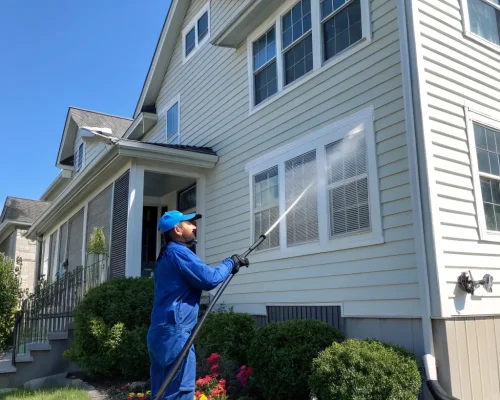 A high-pressure spray cleaning the side of a house, revealing a clean, bright surface, demonstrating the effectiveness of power washing.